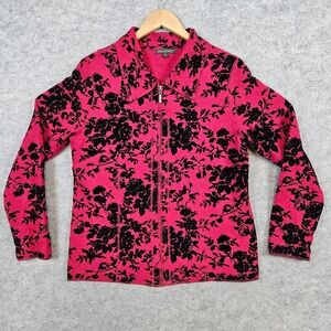 For Cynthia Womens Pink & Black Floral Print Wool Blend‎ Zip Up Cardigan Size M